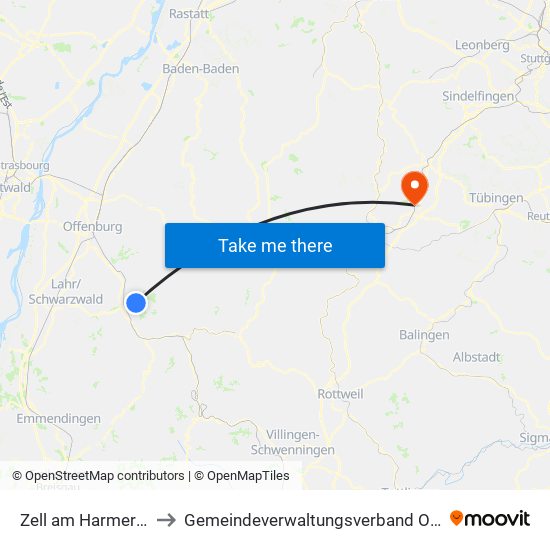 Zell am Harmersbach to Gemeindeverwaltungsverband Oberes Gäu map