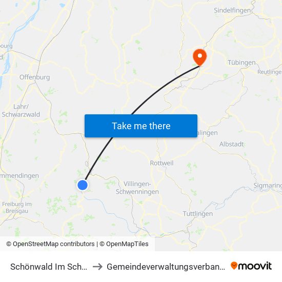 Schönwald Im Schwarzwald to Gemeindeverwaltungsverband Oberes Gäu map