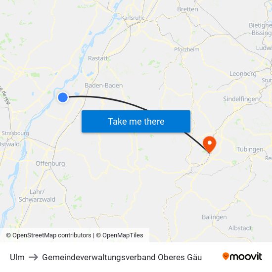 Ulm to Gemeindeverwaltungsverband Oberes Gäu map