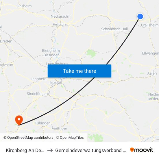 Kirchberg An Der Jagst to Gemeindeverwaltungsverband Oberes Gäu map