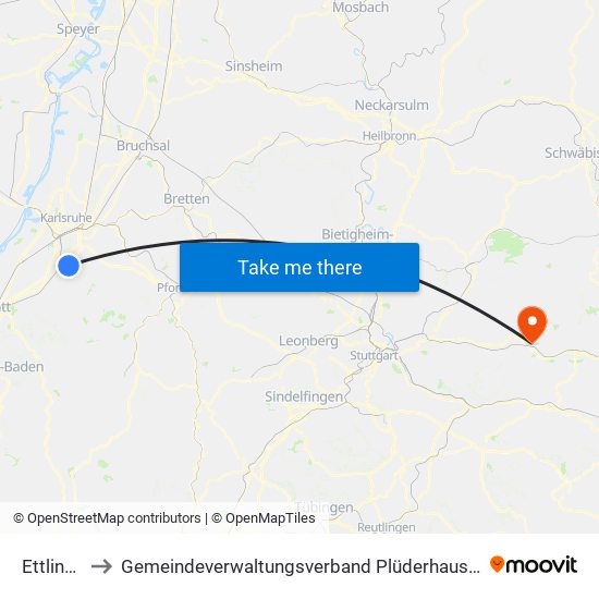 Ettlingen to Gemeindeverwaltungsverband Plüderhausen-Urbach map