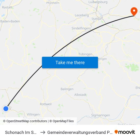 Schonach Im Schwarzwald to Gemeindeverwaltungsverband Plüderhausen-Urbach map