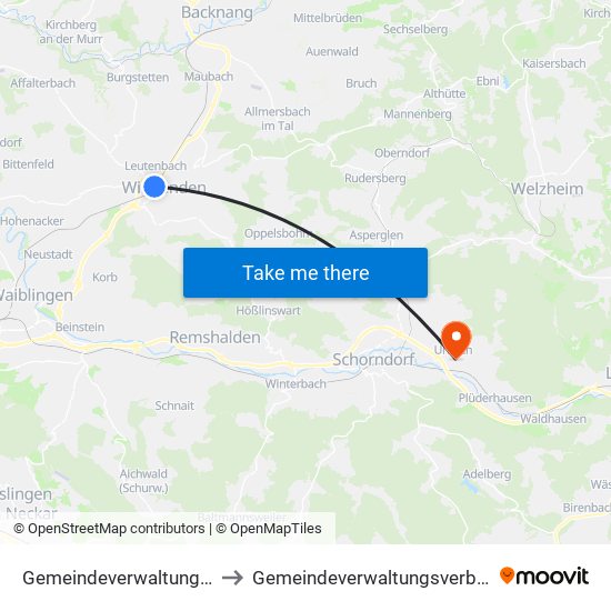 Gemeindeverwaltungsverband Winnenden to Gemeindeverwaltungsverband Plüderhausen-Urbach map