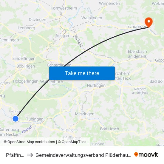 Pfäffingen to Gemeindeverwaltungsverband Plüderhausen-Urbach map