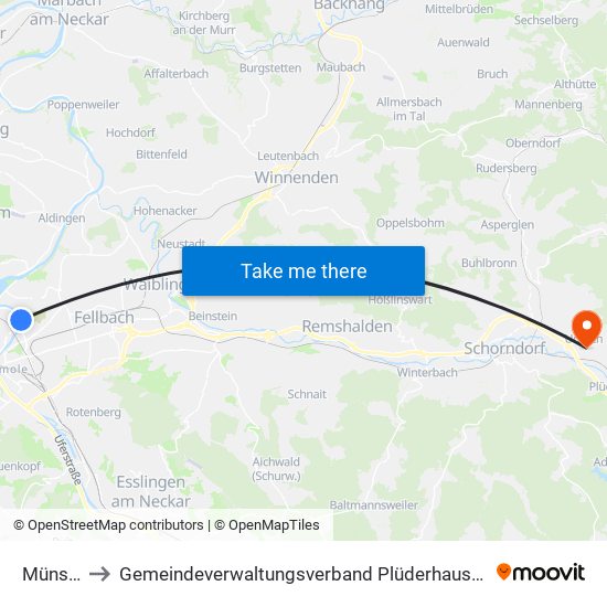 Münster to Gemeindeverwaltungsverband Plüderhausen-Urbach map
