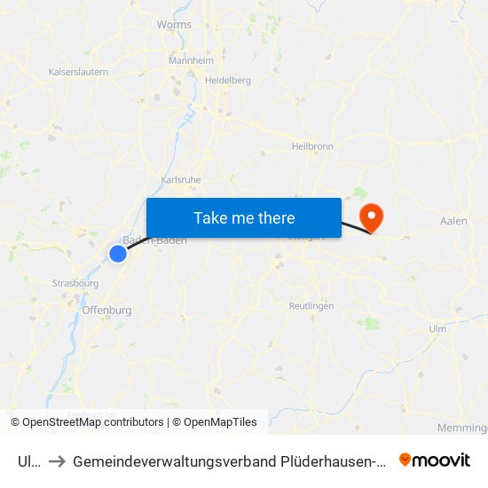 Ulm to Gemeindeverwaltungsverband Plüderhausen-Urbach map