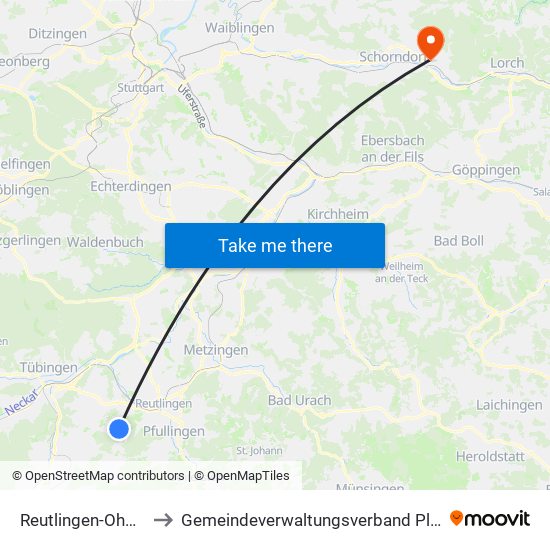 Reutlingen-Ohmenhausen to Gemeindeverwaltungsverband Plüderhausen-Urbach map