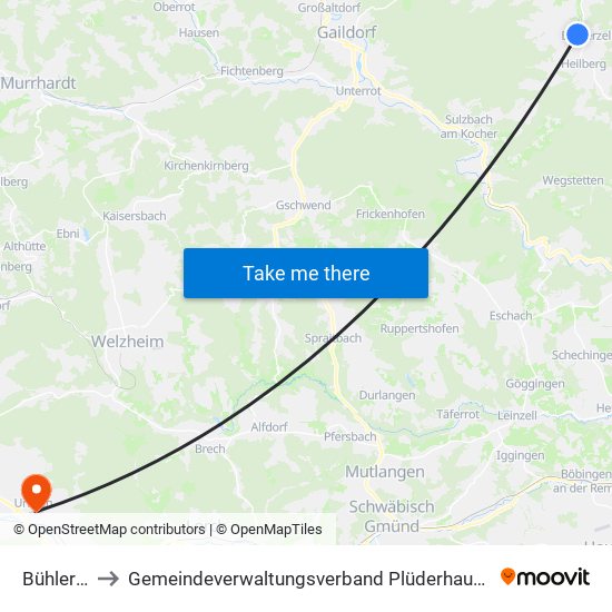 Bühlerzell to Gemeindeverwaltungsverband Plüderhausen-Urbach map