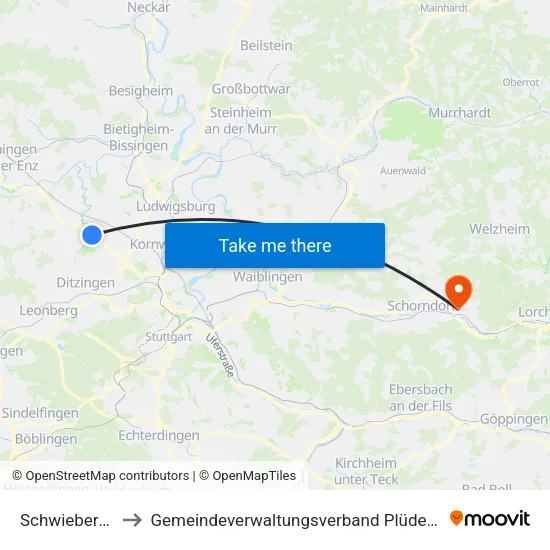 Schwieberdingen to Gemeindeverwaltungsverband Plüderhausen-Urbach map