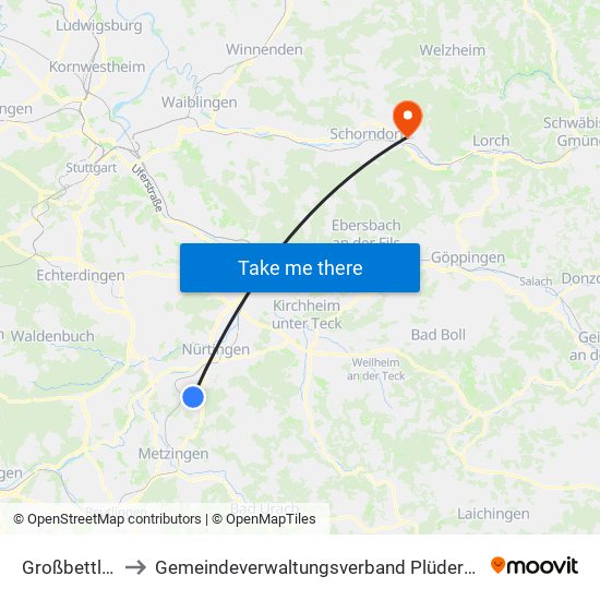 Großbettlingen to Gemeindeverwaltungsverband Plüderhausen-Urbach map