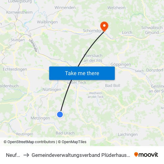 Neuffen to Gemeindeverwaltungsverband Plüderhausen-Urbach map