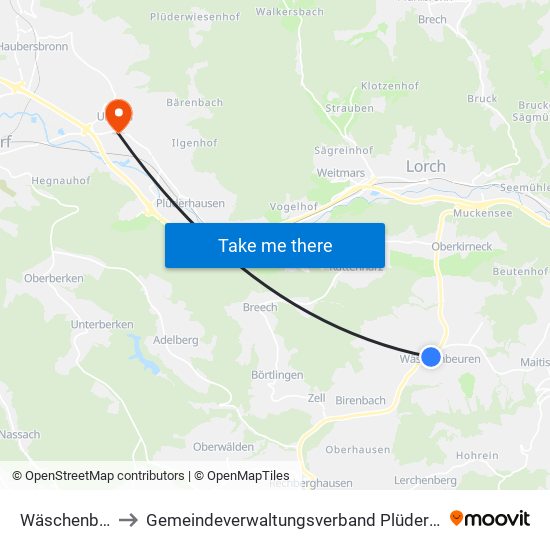 Wäschenbeuren to Gemeindeverwaltungsverband Plüderhausen-Urbach map