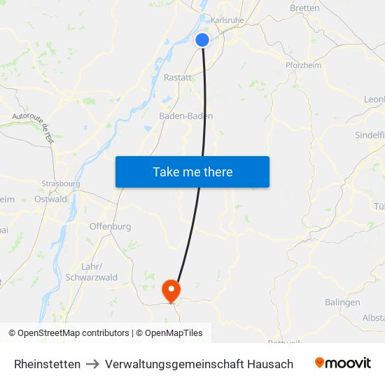 Rheinstetten to Verwaltungsgemeinschaft Hausach map