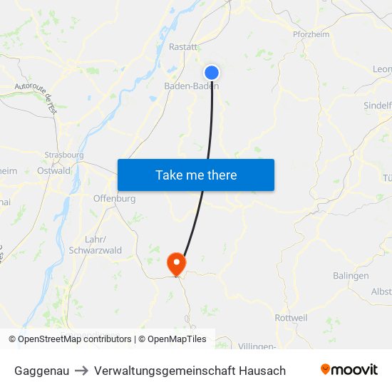 Gaggenau to Verwaltungsgemeinschaft Hausach map