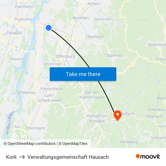 Kork to Verwaltungsgemeinschaft Hausach map