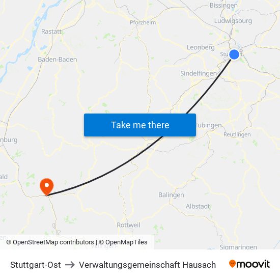 Stuttgart-Ost to Verwaltungsgemeinschaft Hausach map