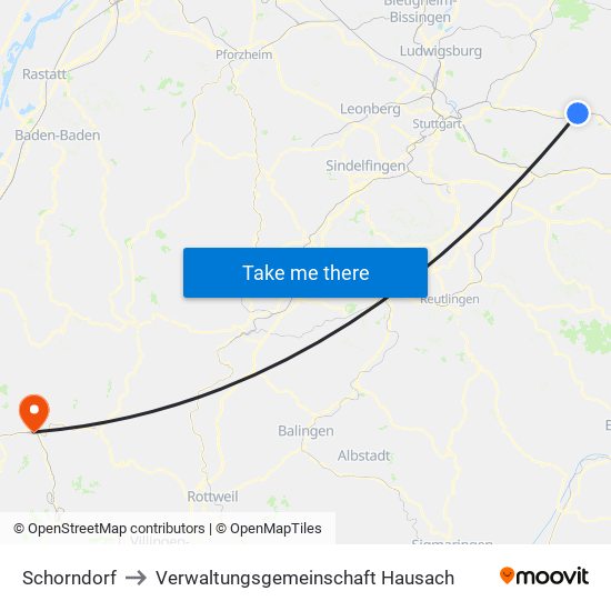 Schorndorf to Verwaltungsgemeinschaft Hausach map