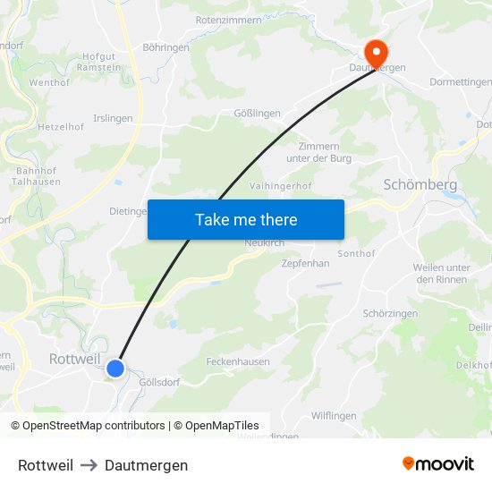 Rottweil to Dautmergen map