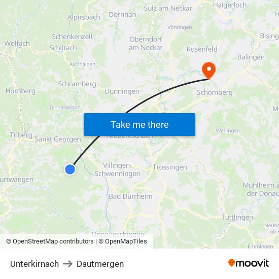 Unterkirnach to Dautmergen map