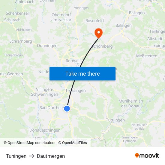 Tuningen to Dautmergen map