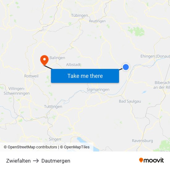 Zwiefalten to Dautmergen map