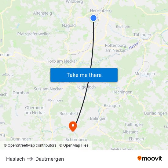 Haslach to Dautmergen map