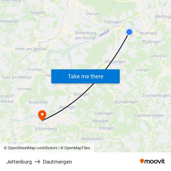 Jettenburg to Dautmergen map