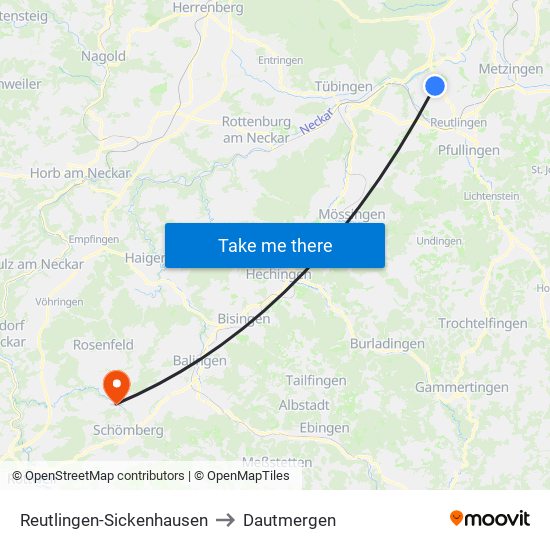 Reutlingen-Sickenhausen to Dautmergen map