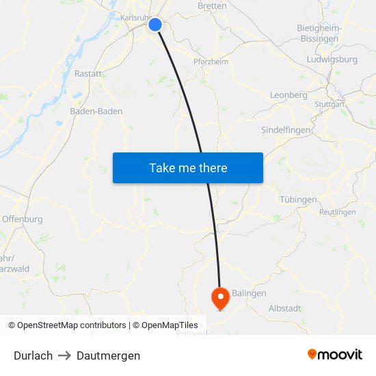 Durlach to Dautmergen map