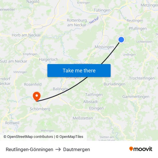 Reutlingen-Gönningen to Dautmergen map