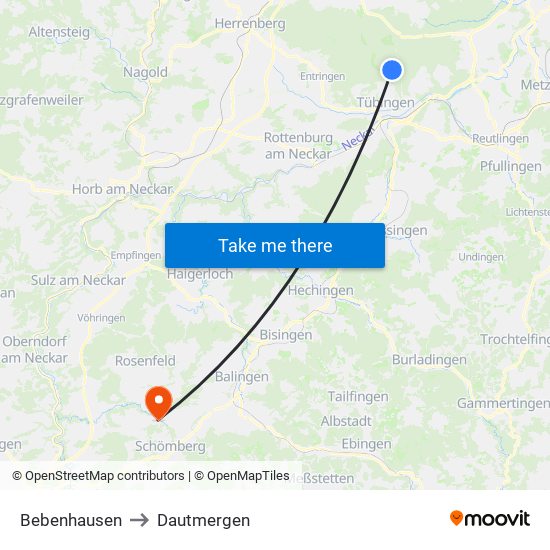 Bebenhausen to Dautmergen map