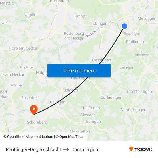 Reutlingen-Degerschlacht to Dautmergen map