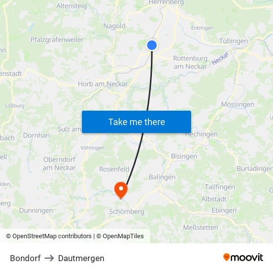 Bondorf to Dautmergen map