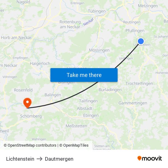 Lichtenstein to Dautmergen map