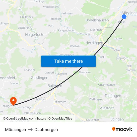 Mössingen to Dautmergen map