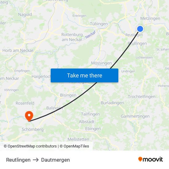 Reutlingen to Dautmergen map