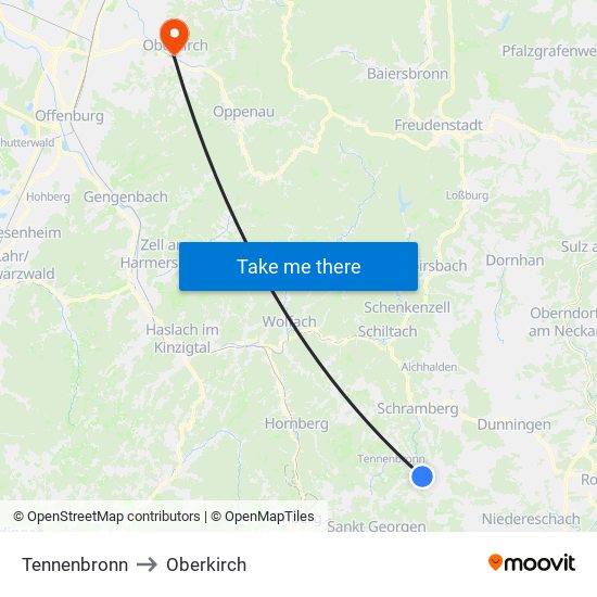 Tennenbronn to Oberkirch map