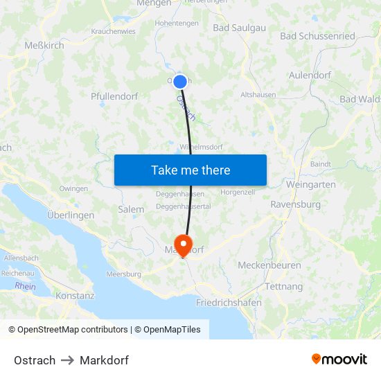 Ostrach to Markdorf map