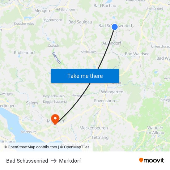 Bad Schussenried to Markdorf map