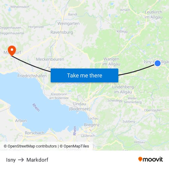 Isny to Markdorf map