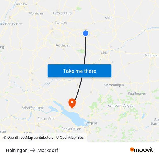 Heiningen to Markdorf map