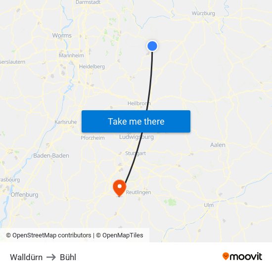 Walldürn to Bühl map