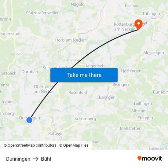 Dunningen to Bühl map