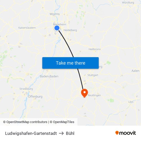 Ludwigshafen-Gartenstadt to Bühl map