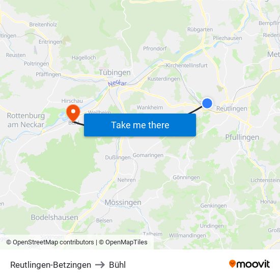 Reutlingen-Betzingen to Bühl map