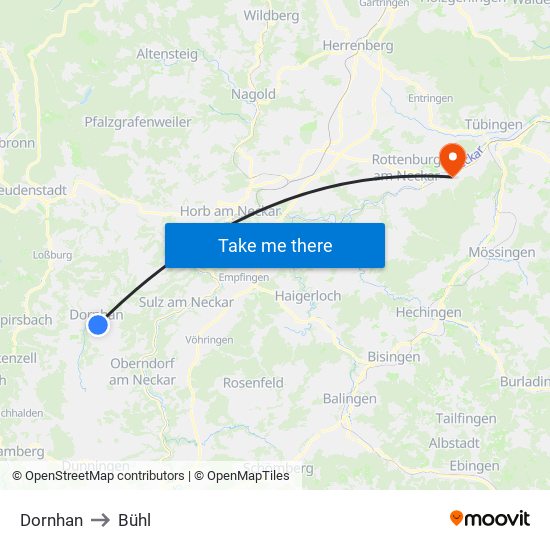 Dornhan to Bühl map