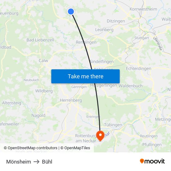 Mönsheim to Bühl map