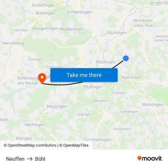 Neuffen to Bühl map