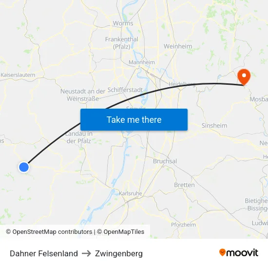 Dahner Felsenland to Zwingenberg map