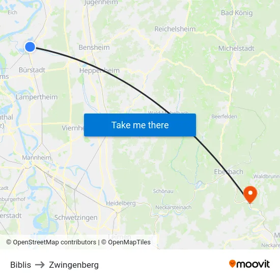 Biblis to Zwingenberg map